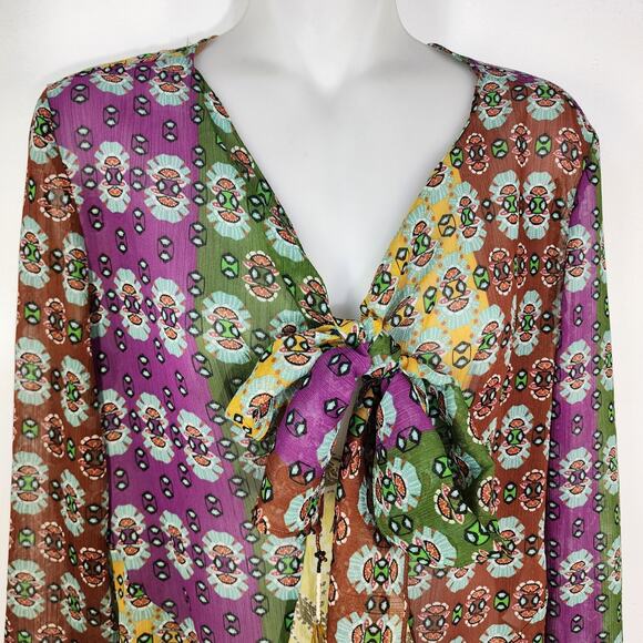 ZARA Top Womens Zodiac Multicolor Printed Boho Blouse XS Bow Tie Crystal Drops - Picture 3 of 12